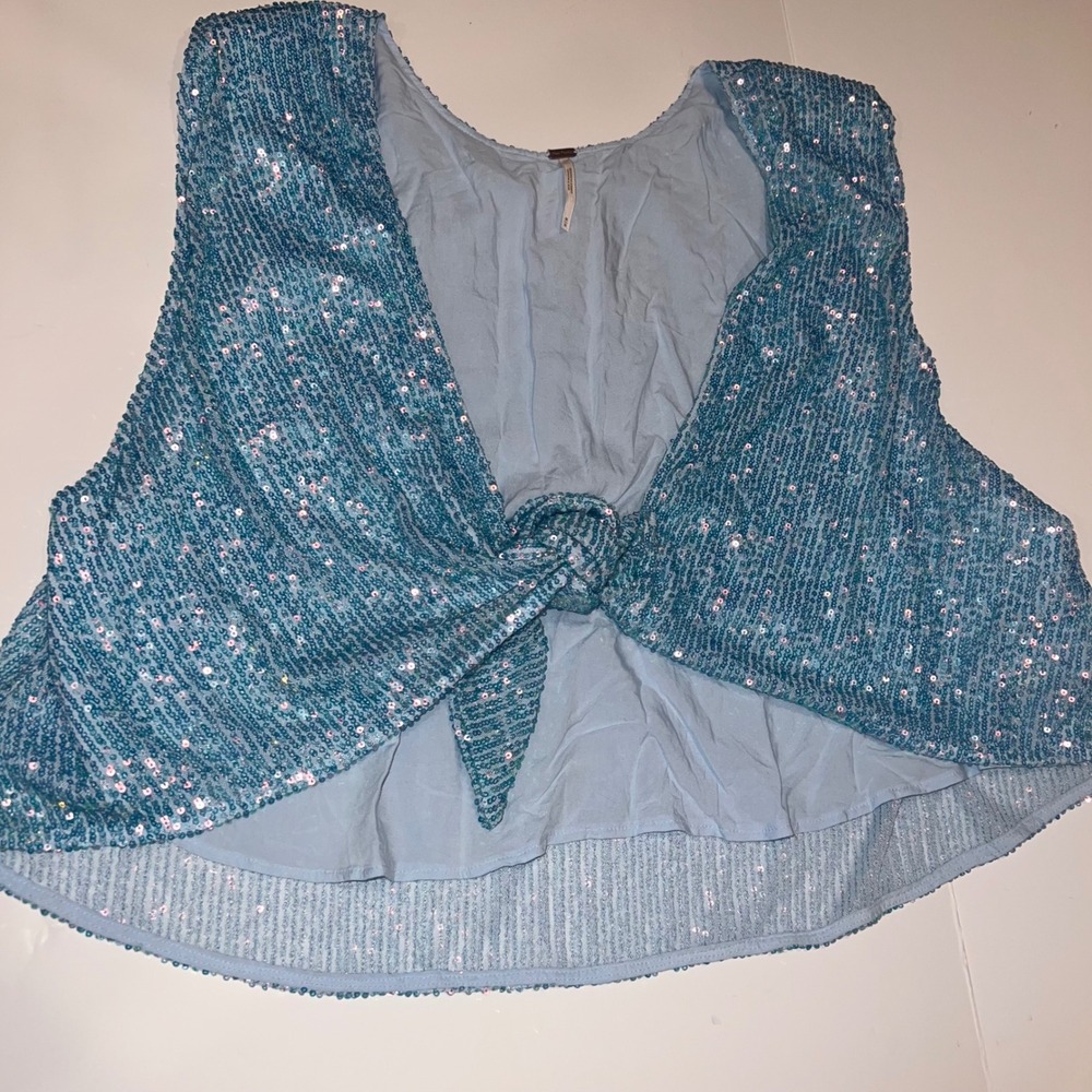 Free People Lost in Your‎ Light Sequin Vest Womens Medium Blue Front Tie Cropped